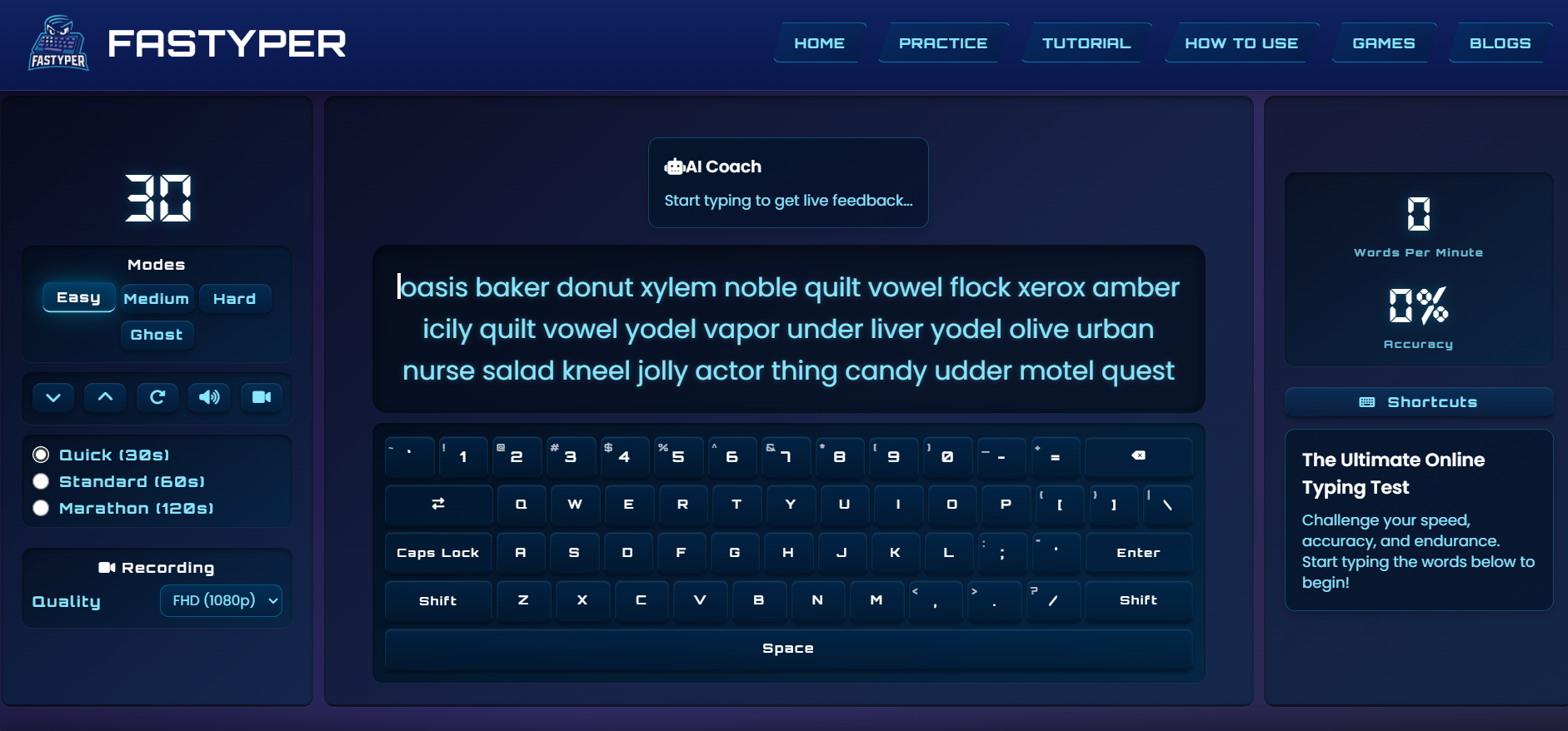 Fastyper.com typing test interface showing a modern design and real-time WPM stats.