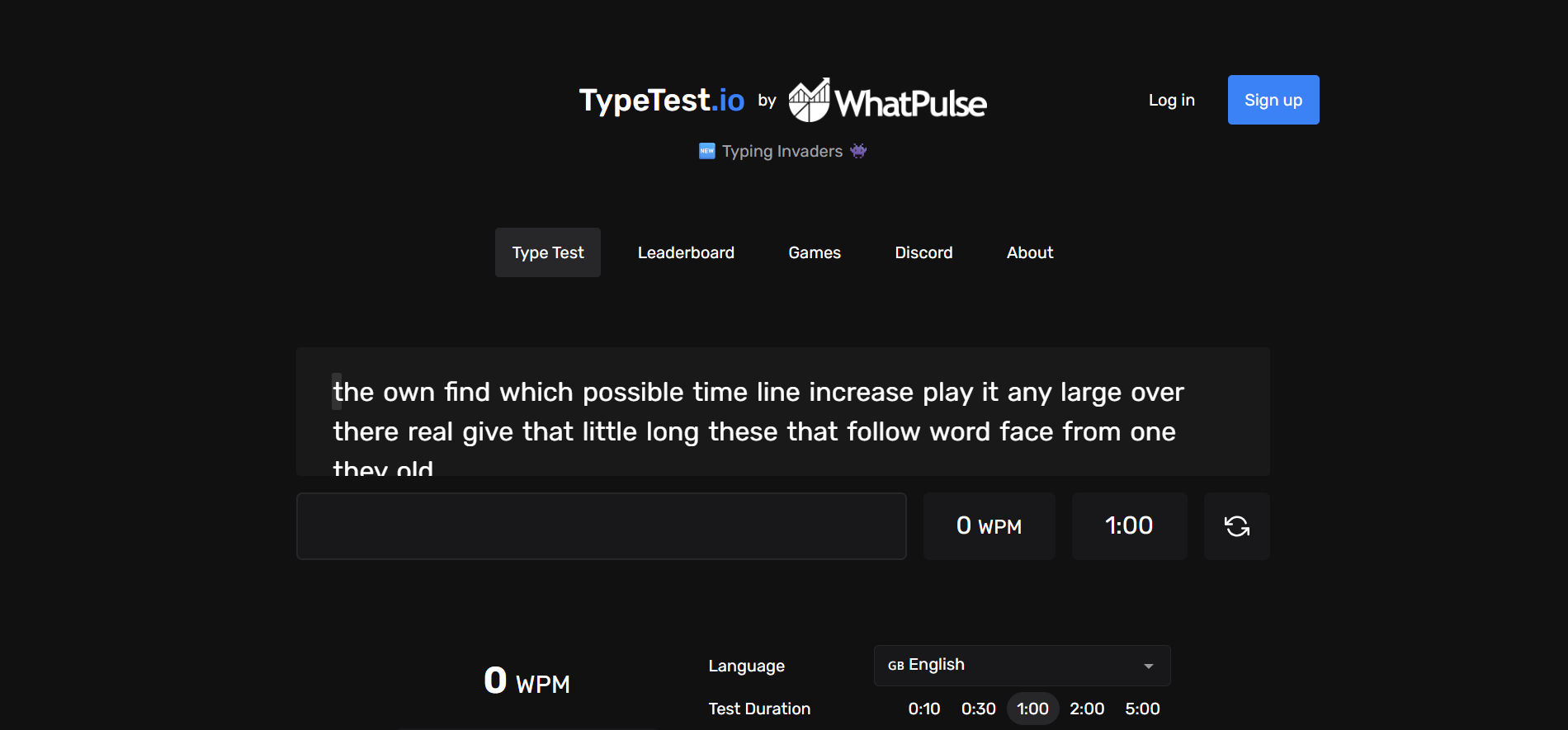 TypeTest.io minimalist typing test interface with a clean and simple design.