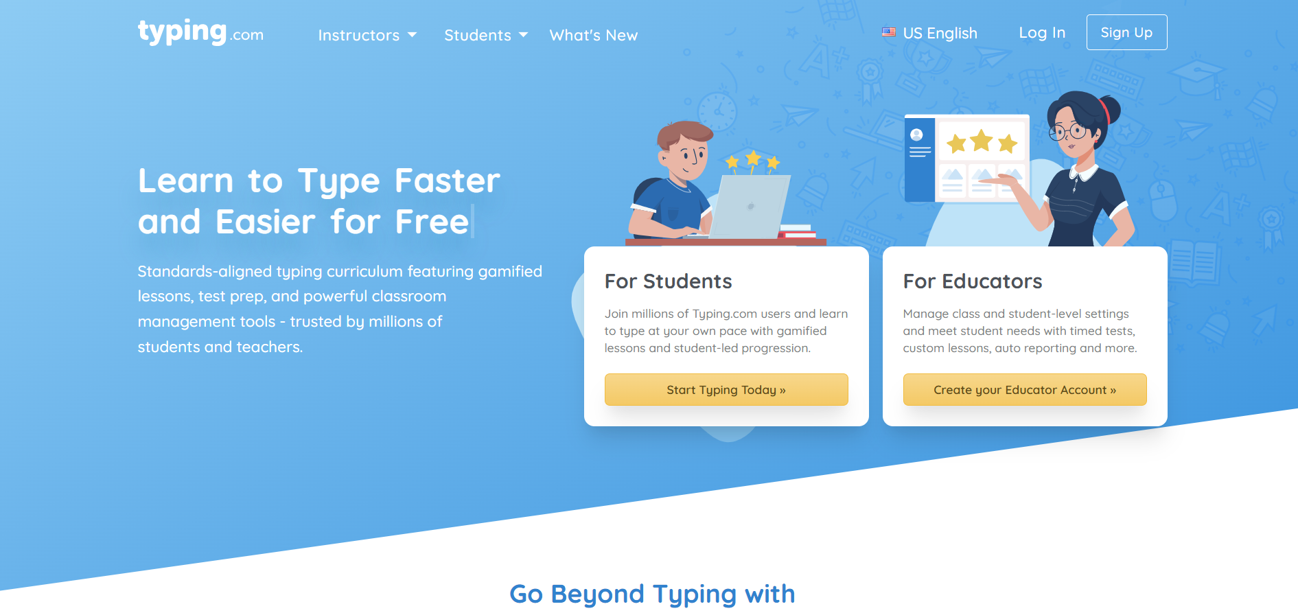 Typing.com dashboard displaying structured lessons, tests, and progress tracking for students.